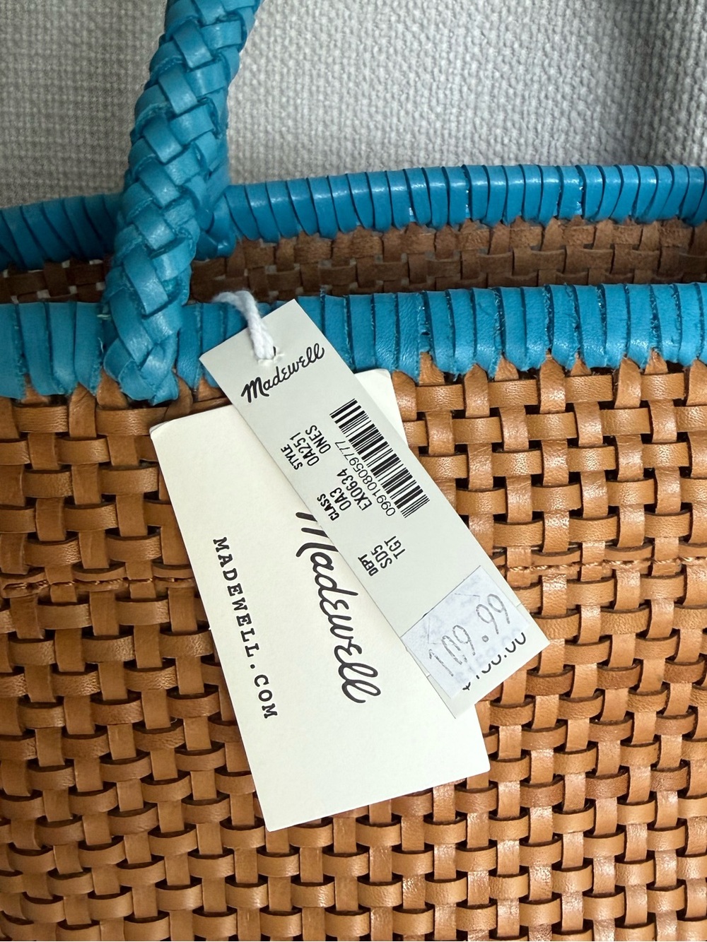 Madewell Signature Woven Mini Tote in Golden Tan with Tropical Blue Trim - Picture 7 of 7